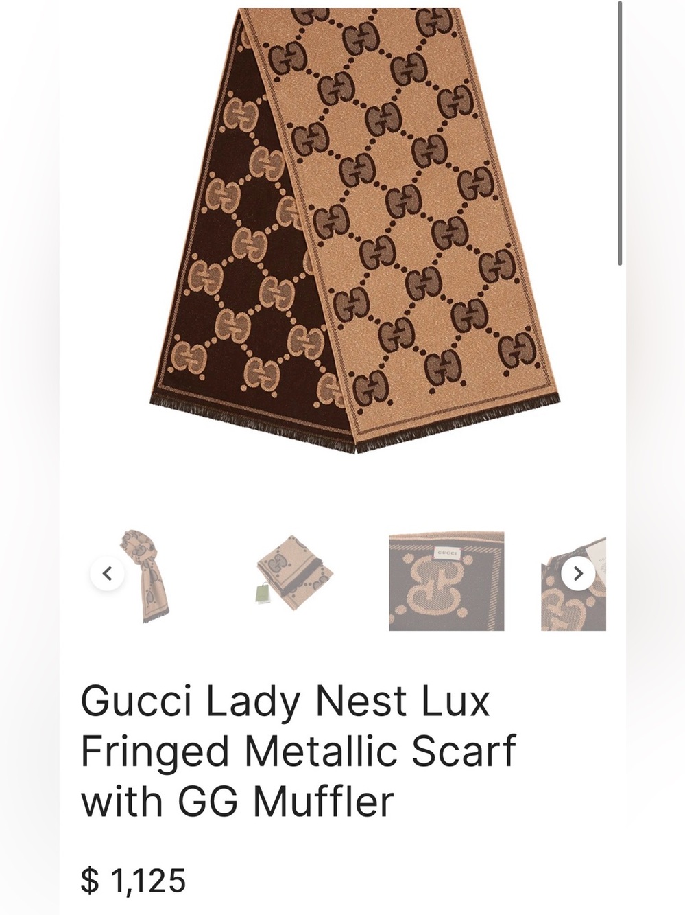 Gucci Monogram Lady Nest Lux Fringed Metallic Scarf NWT